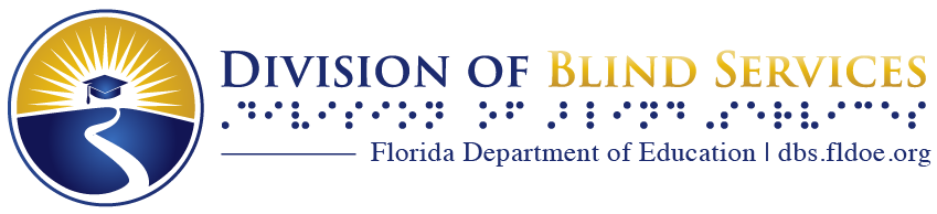 Division of Blind Services logo with braille and text, Florida Department of Education dbs.fldoe.org