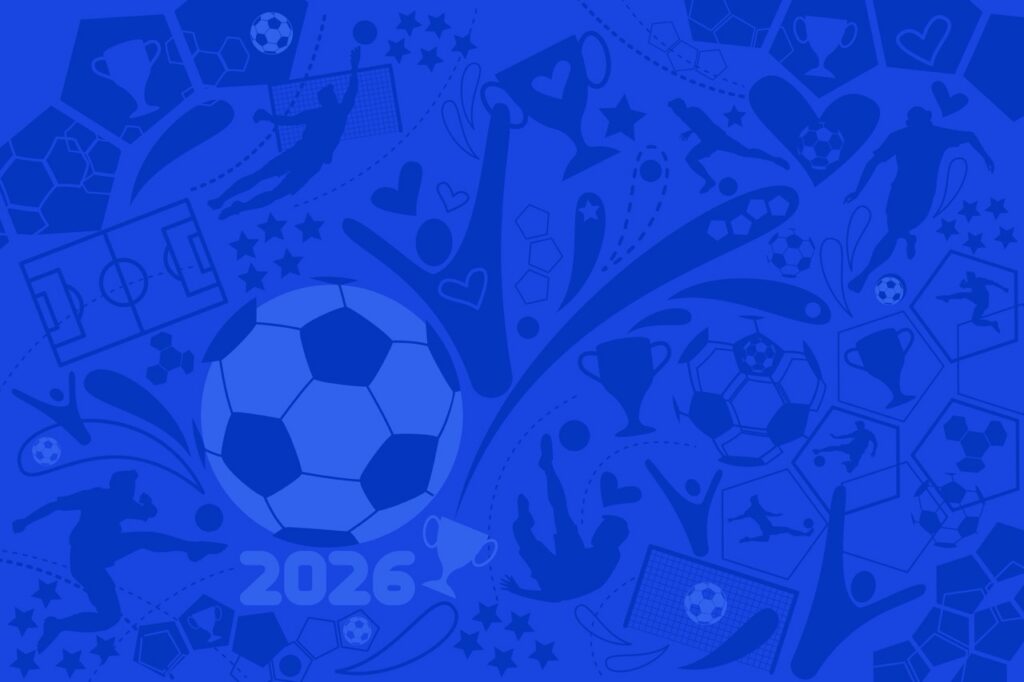 collage of soccer world cup icons in a blue color scheme