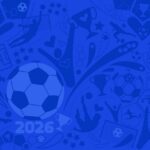 collage of soccer world cup icons in a blue color scheme