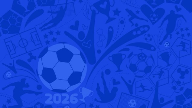 collage of soccer world cup icons in a blue color scheme